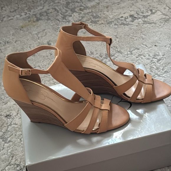 Jessica‎ Simpson McCorde natural leather Brown Strappy wedge Heels Sz 9 1/2 - Picture 4 of 8